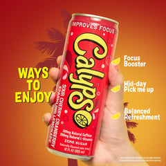 Calypso ingredient label close-up showing focus-support info and zero sugar benefit