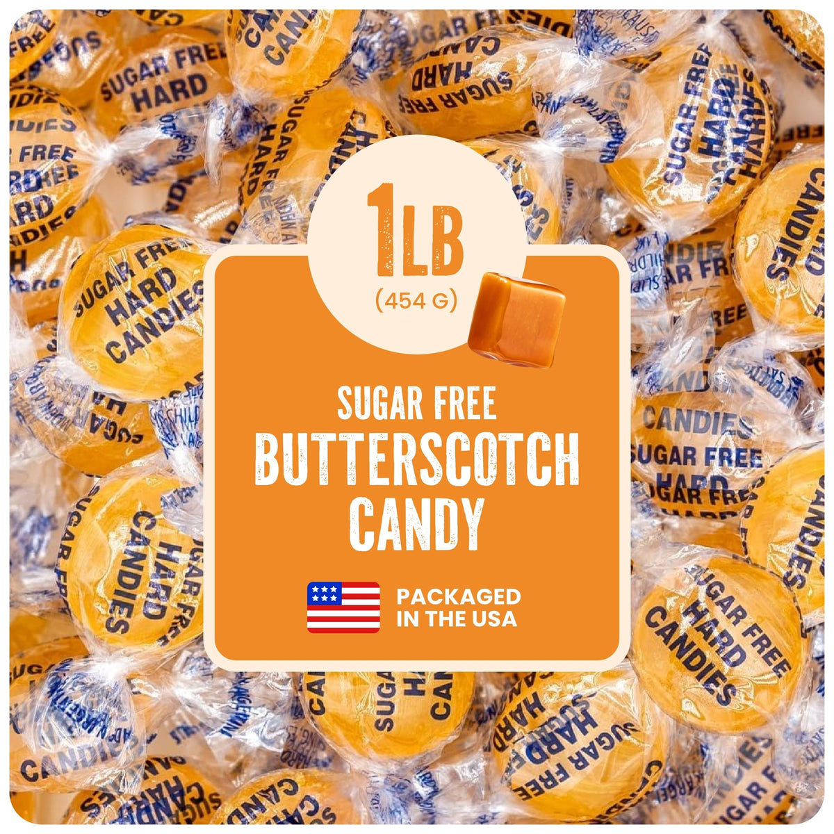 Cambie front packaging showing one-pound sugar free butterscotch bag for easy stocking