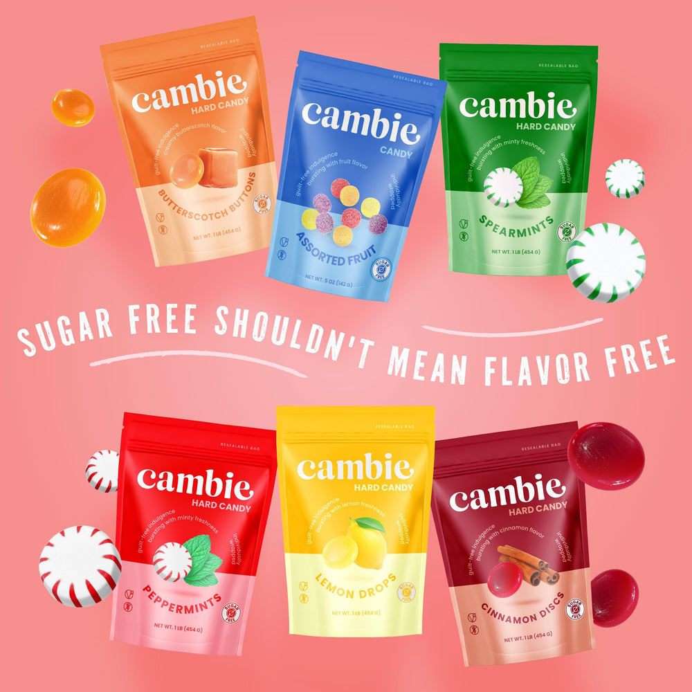 Cambie candies in a gift basket suggesting elegant, sugar-free gifting option