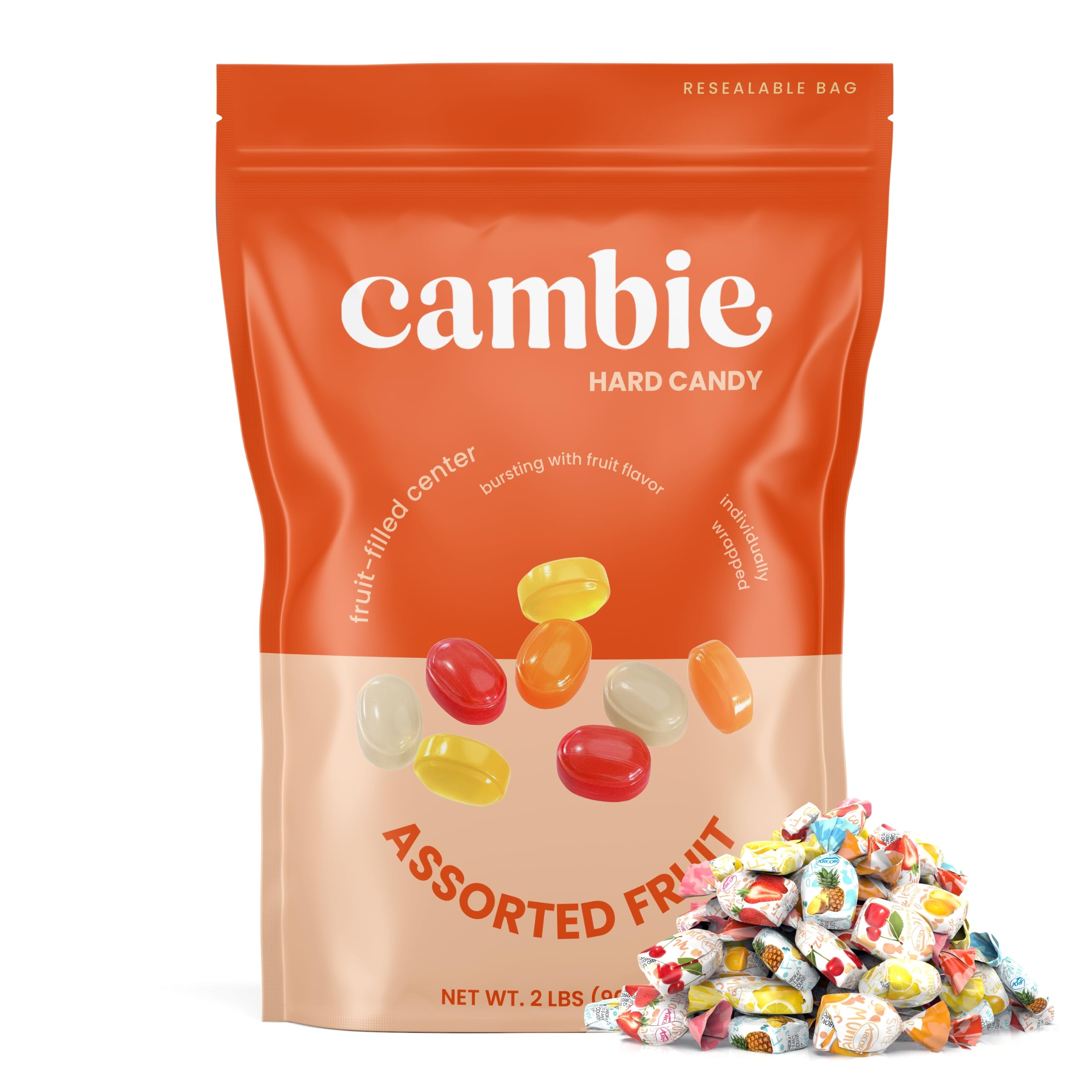 Cambie candy cut open to show soft fruit-filled center and texture