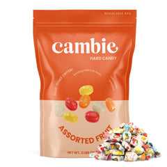 Cambie candy cut open to show soft fruit-filled center and texture