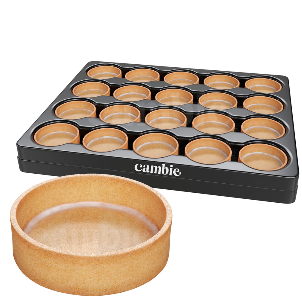 Cambie front packaging showing 40 tart shells and product branding benefit: easy service