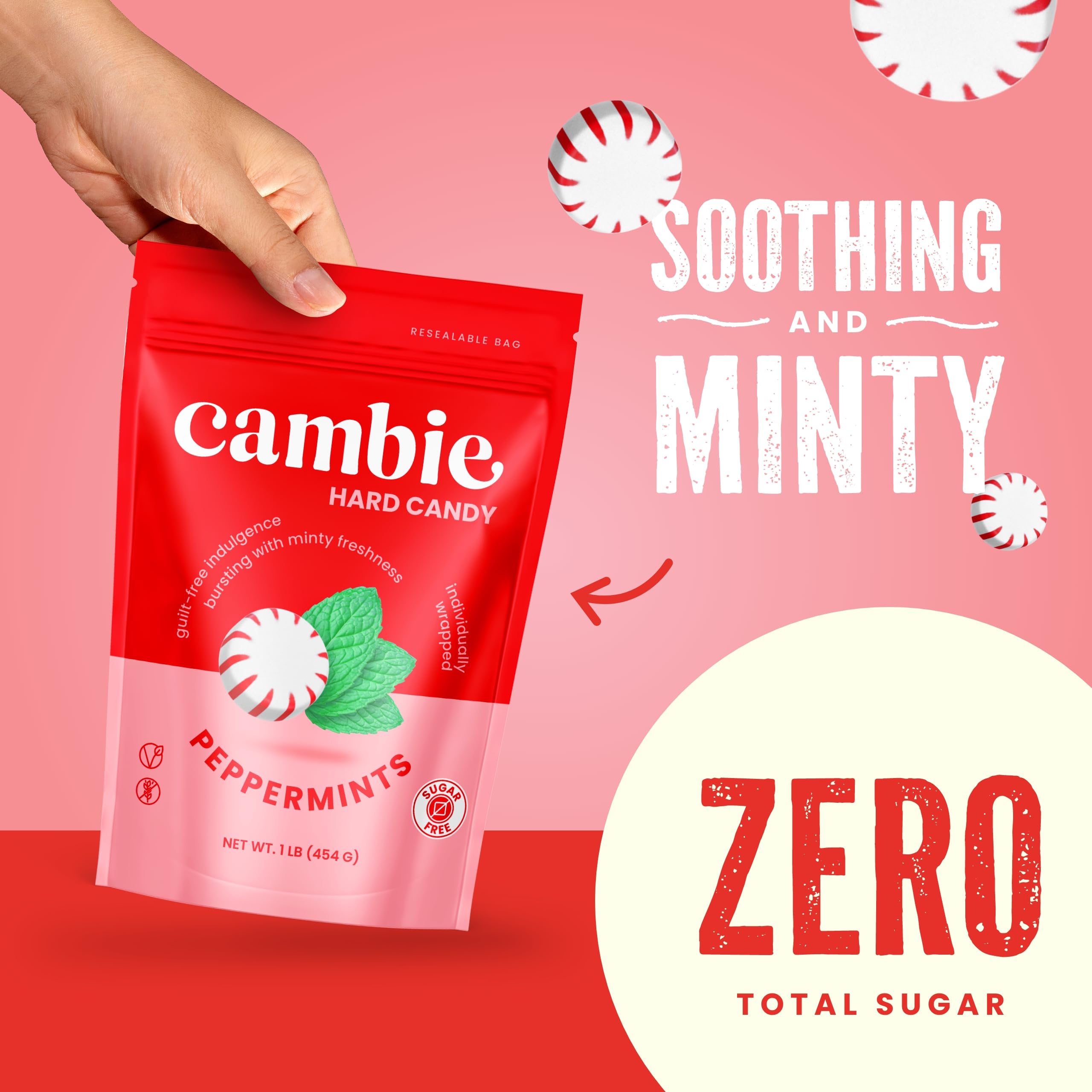 Cambie individually wrapped peppermint piece emphasizing portability and hygiene