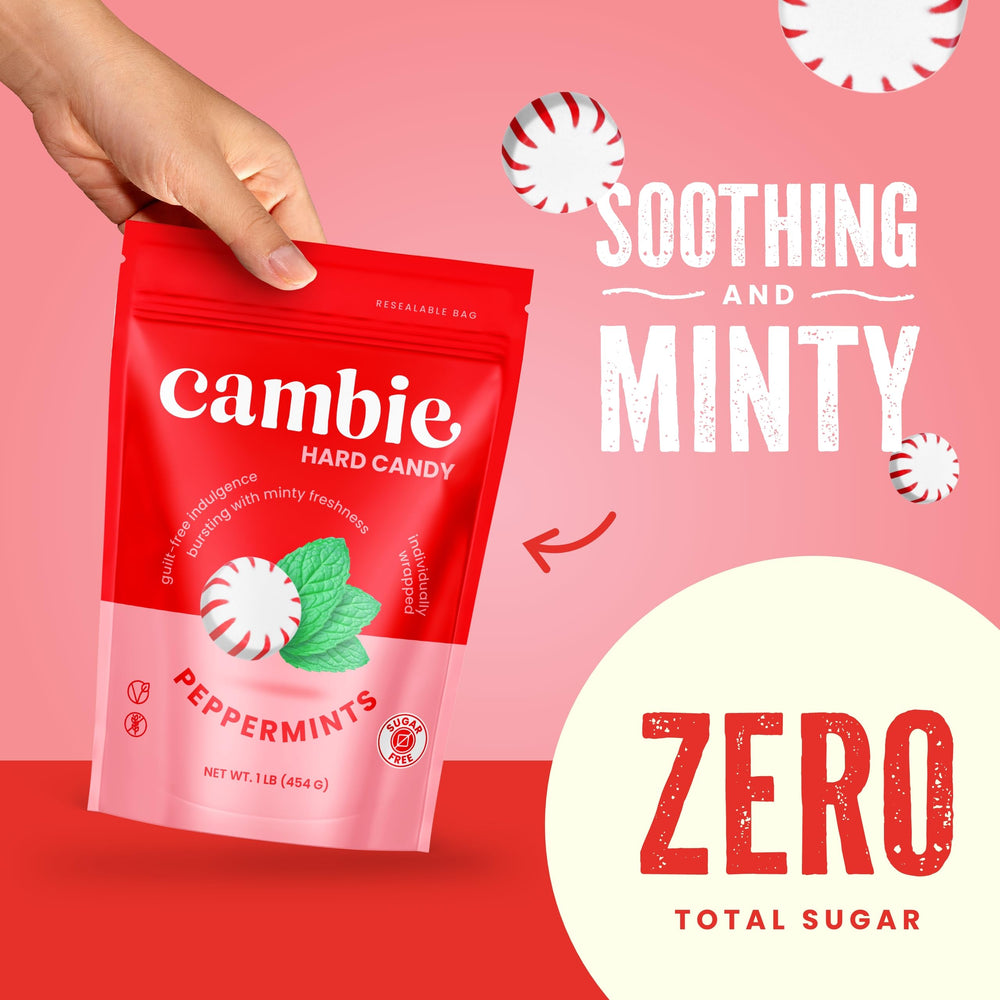 Cambie individually wrapped peppermint piece emphasizing portability and hygiene