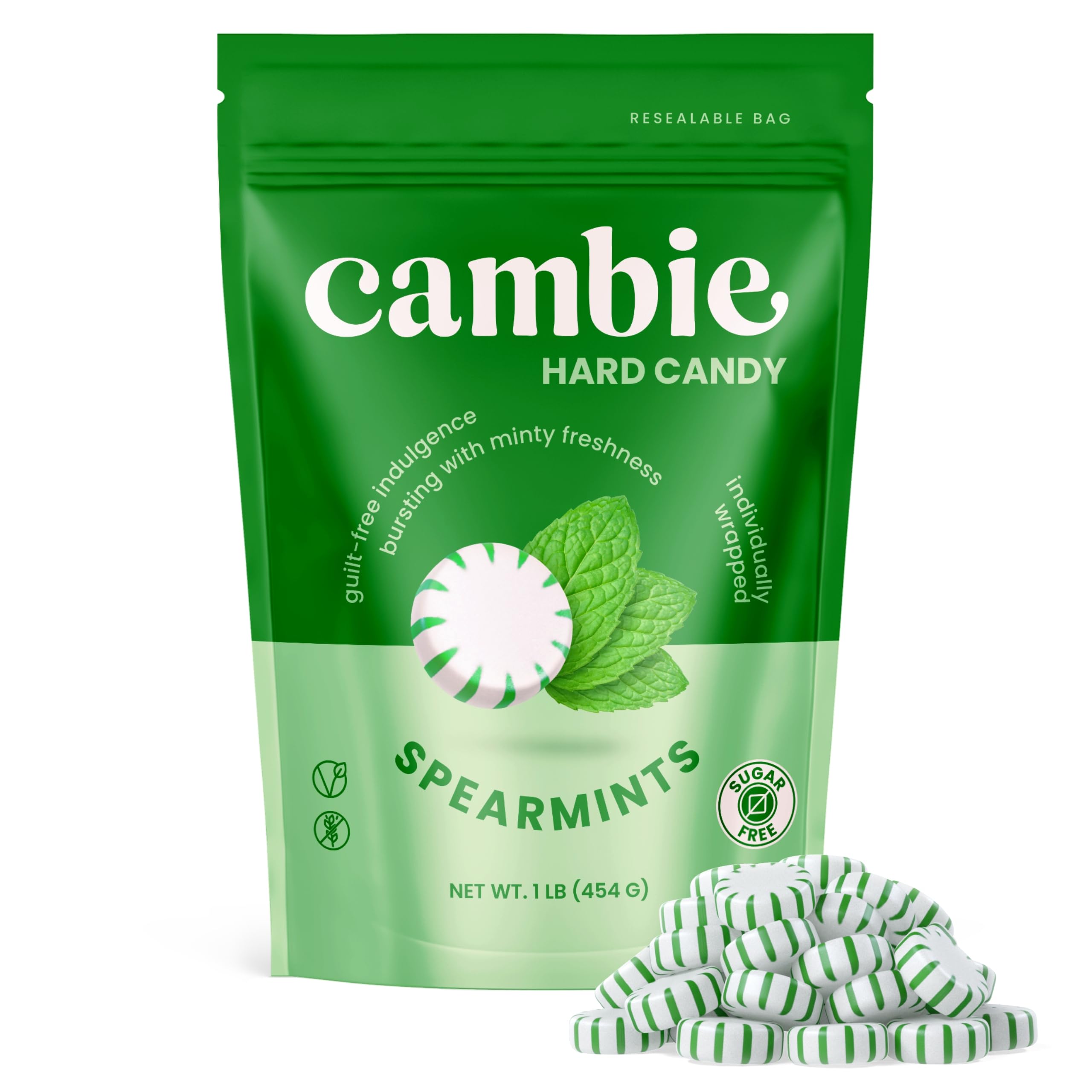 Cambie individual wrapped mint close-up showing sealed wrapper for freshness and portability