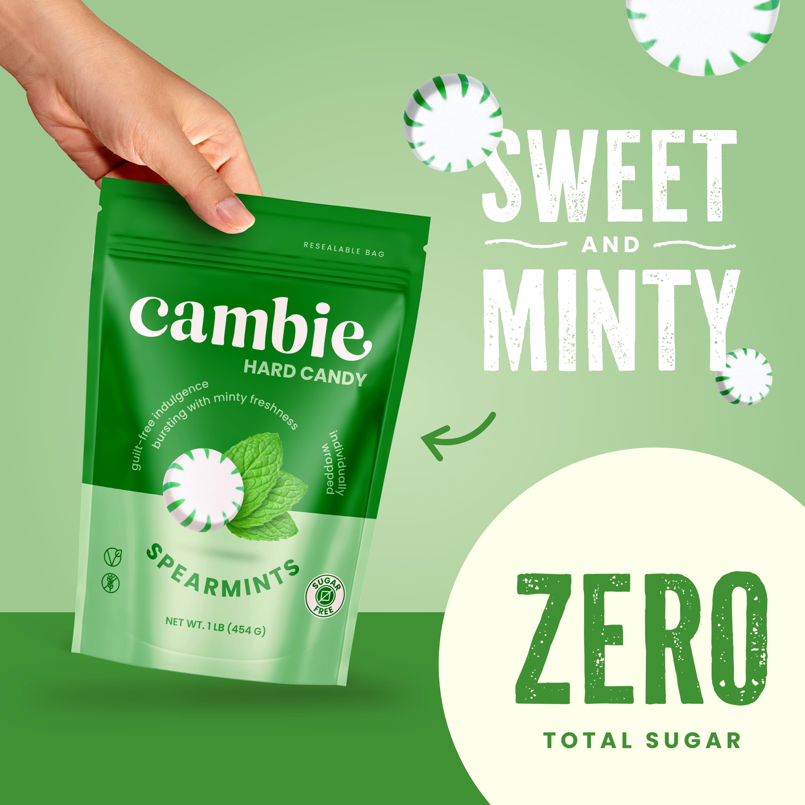 Cambie spearmint hard candy surface texture close-up highlighting long-lasting dissolve