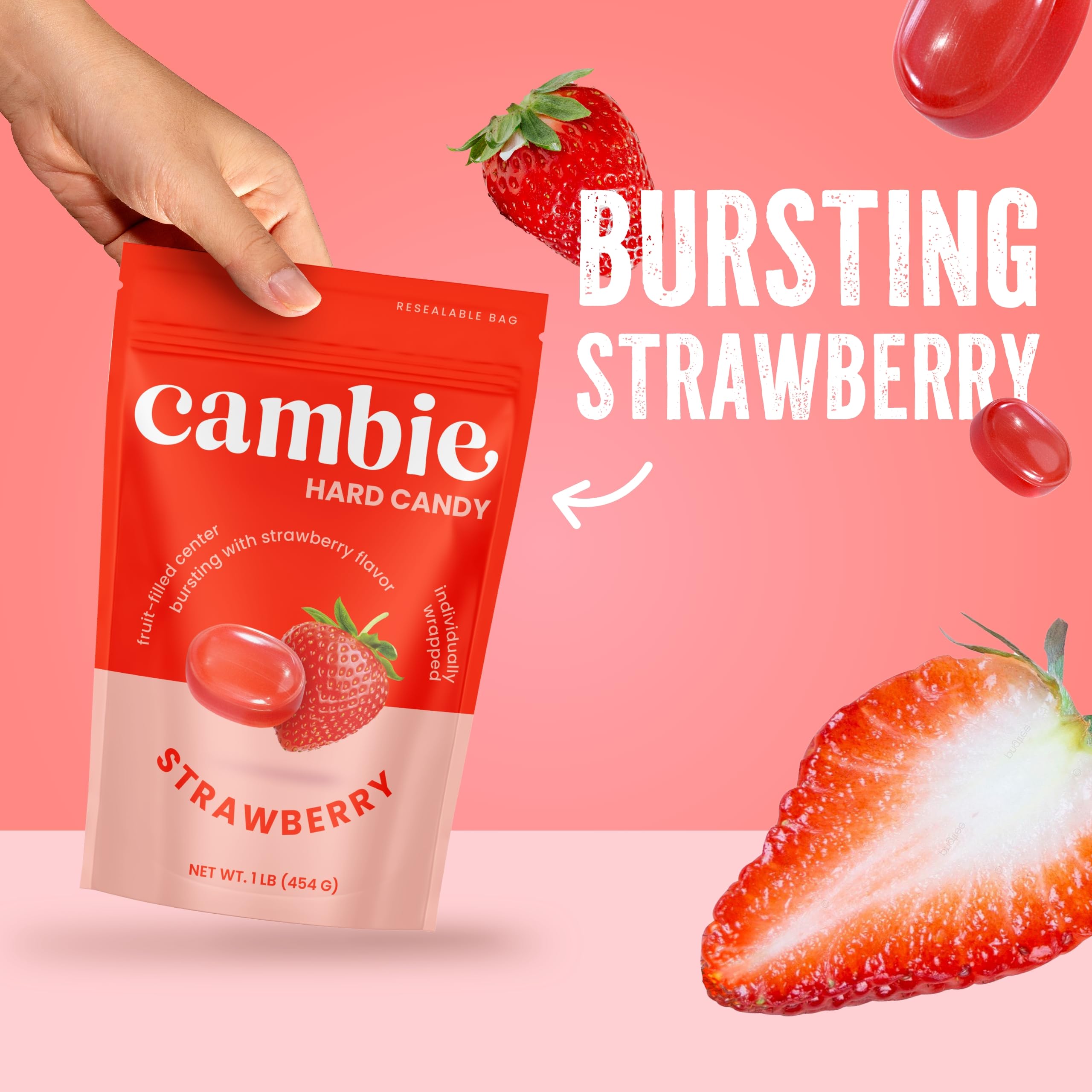 Cambie candy bowl filled with red-wrapped strawberry bonbons for display appeal