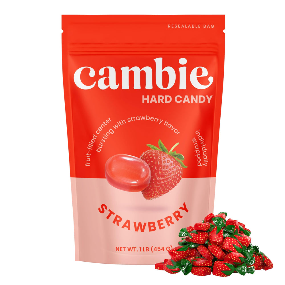 Cambie open pouch spilling individually wrapped strawberry bonbons for easy sharing