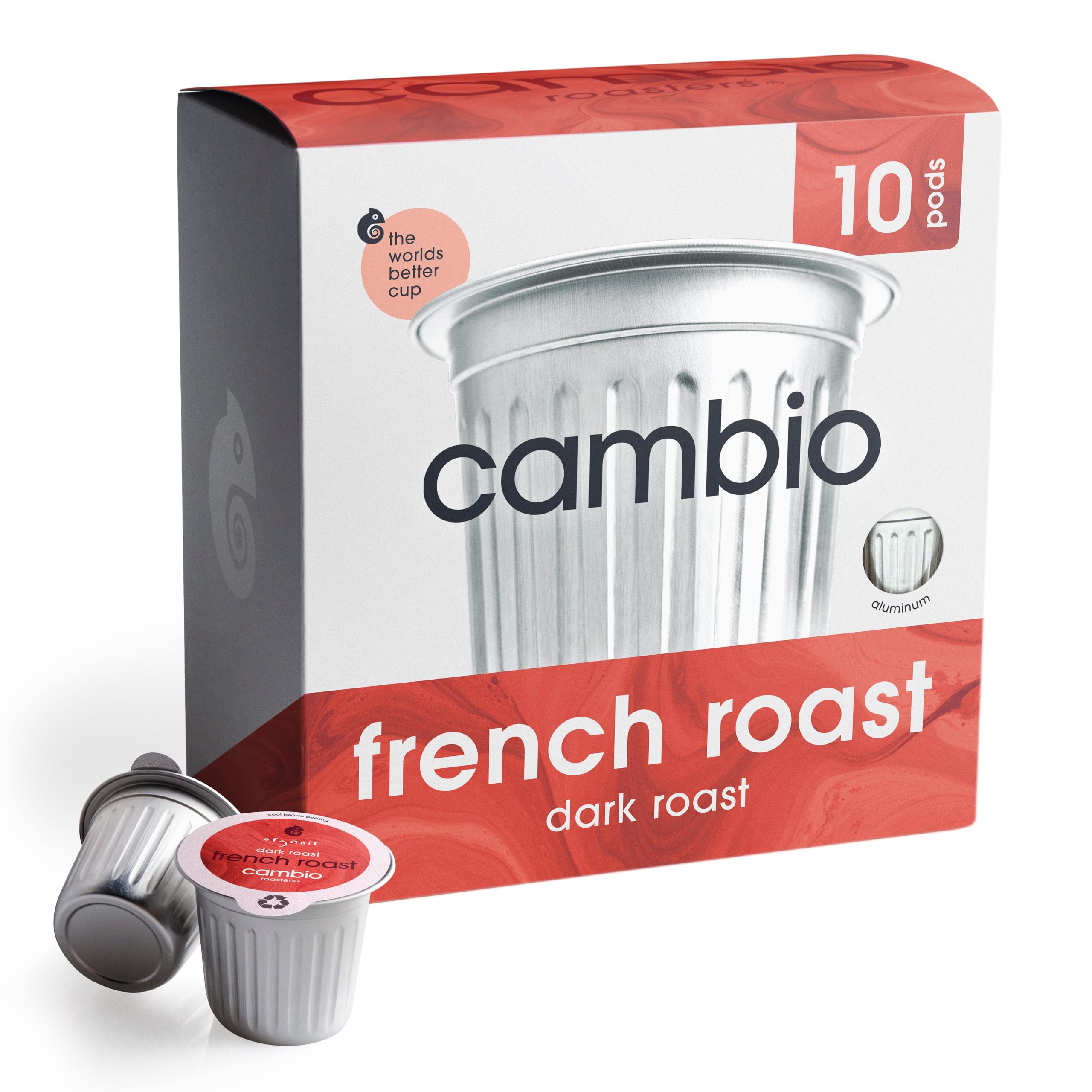 Cambio Roasters front packaging showing recyclable aluminum pods and bold roast benefit