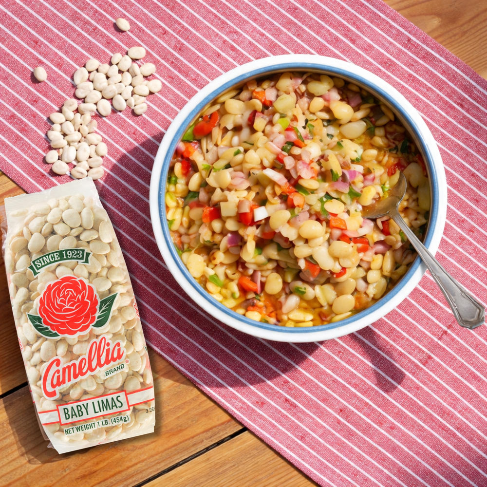 Camellia Brand bag label detail emphasizing non-GMO and gluten-free benefits
