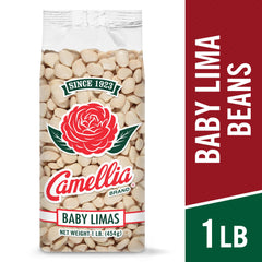 Camellia Brand baby lima beans in glass jar showing clean, uniform beans