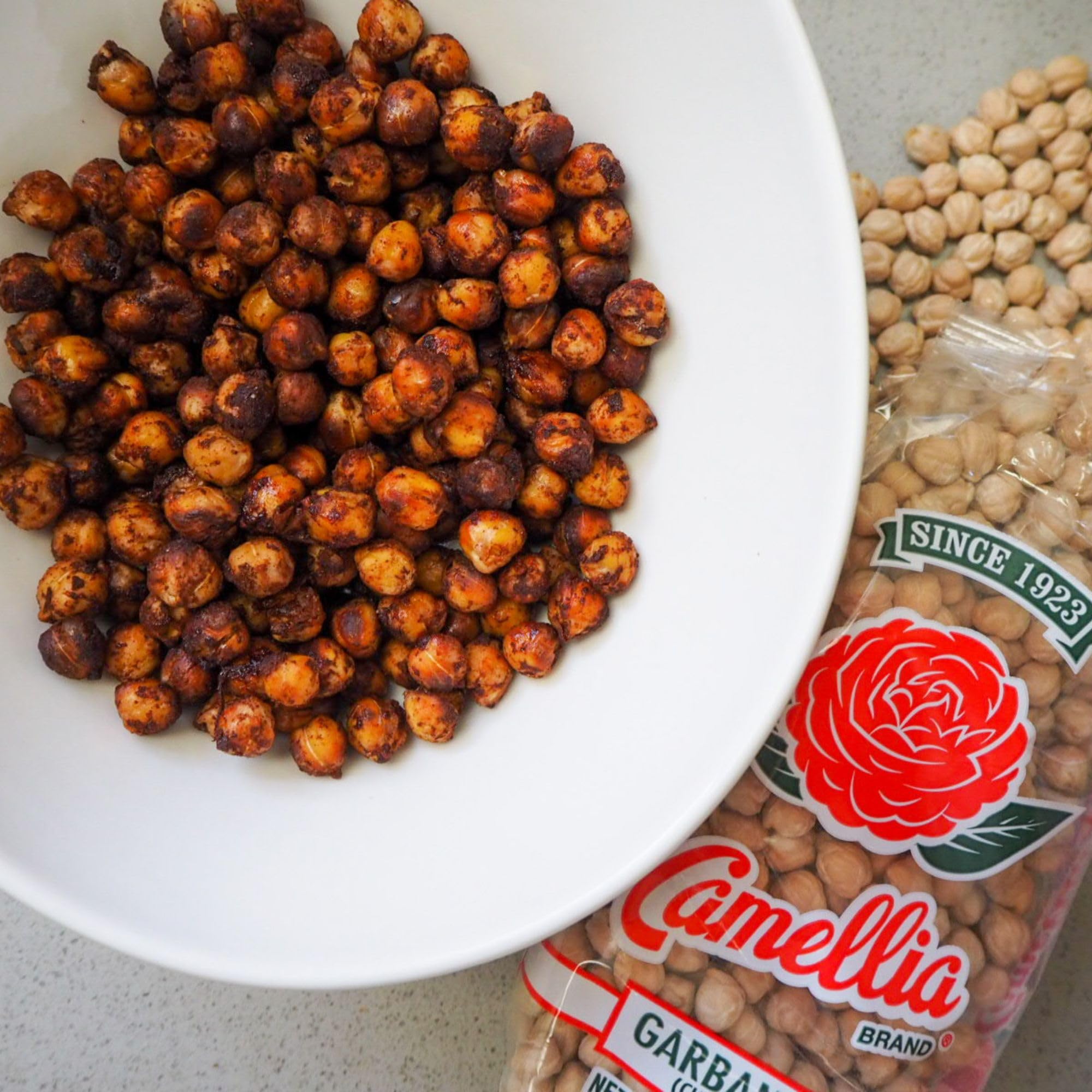 Camellia Brand measuring cup with chickpeas demonstrating portioning
