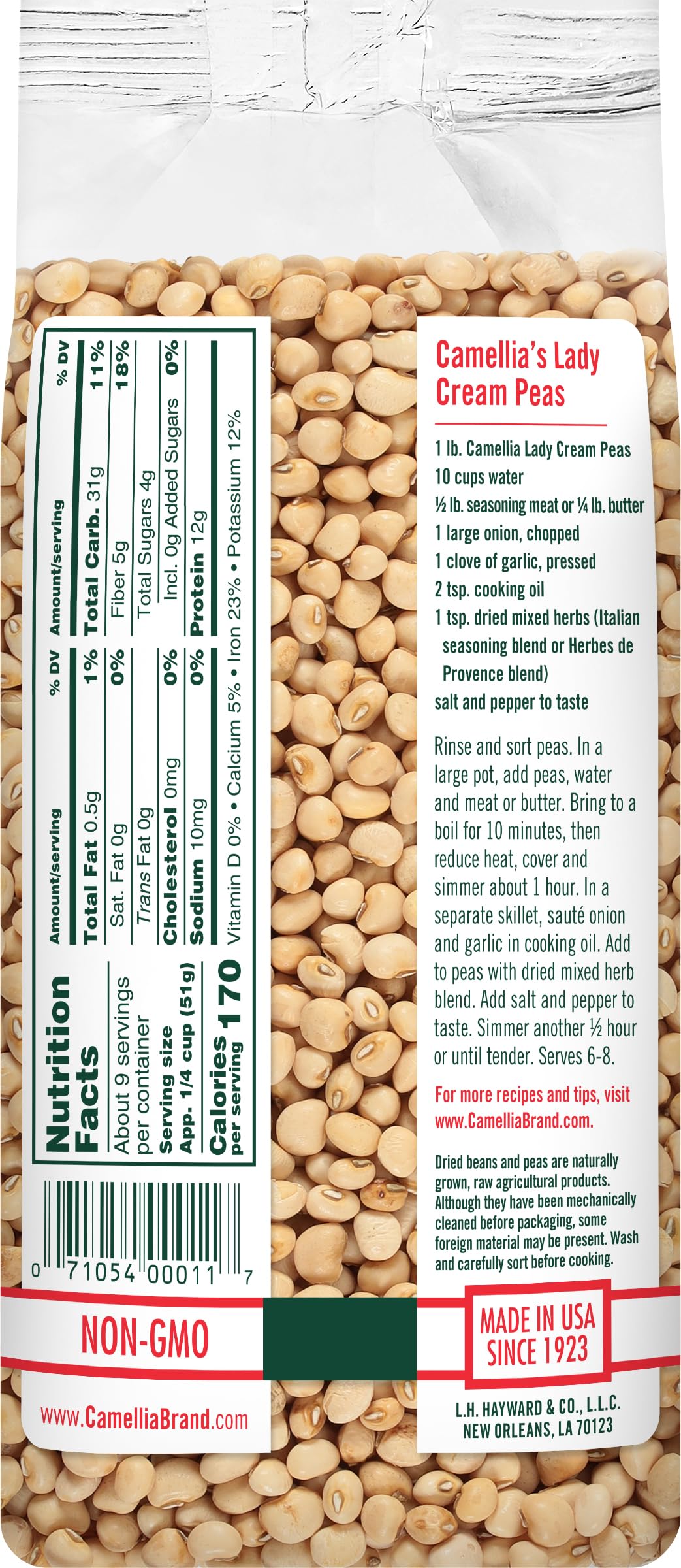Camellia Brand open bag of dried Lady Cream peas ready to cook
