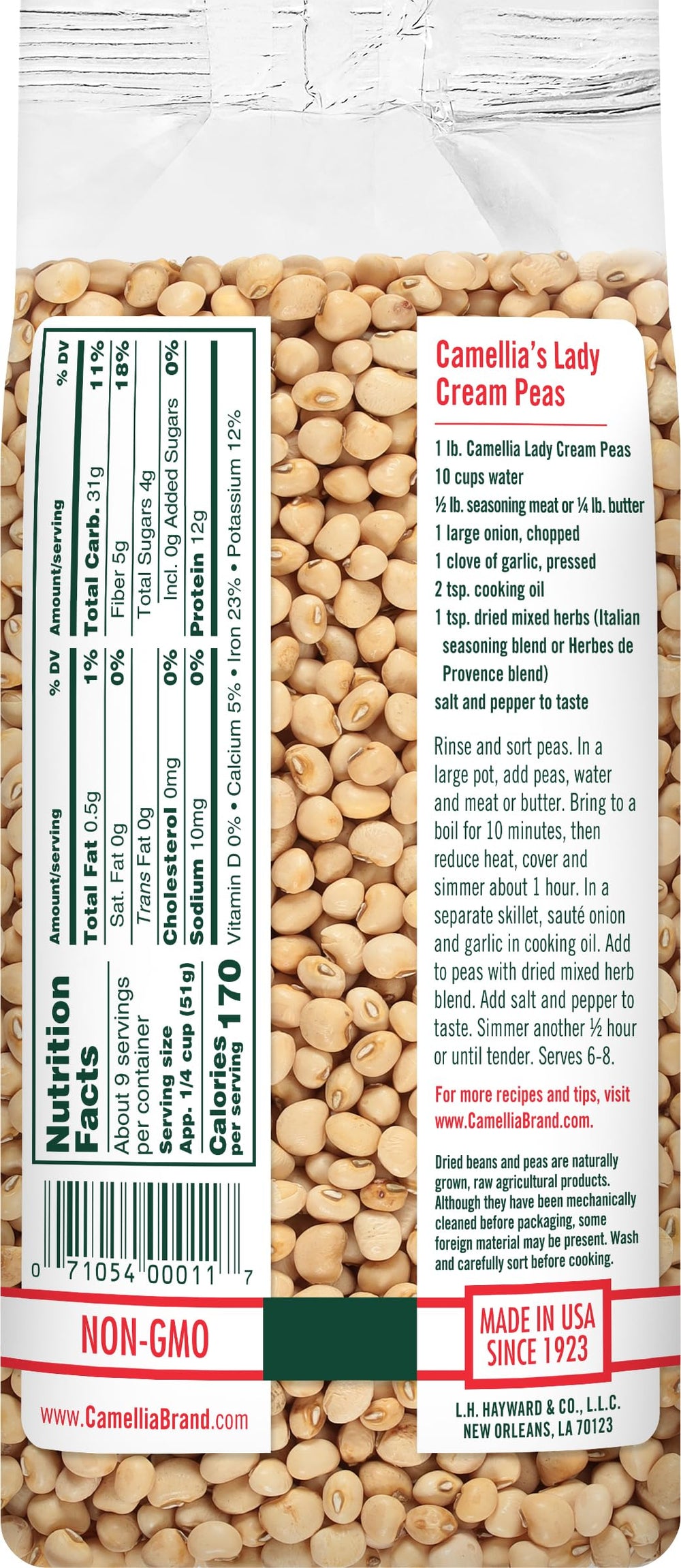 Camellia Brand open bag of dried Lady Cream peas ready to cook