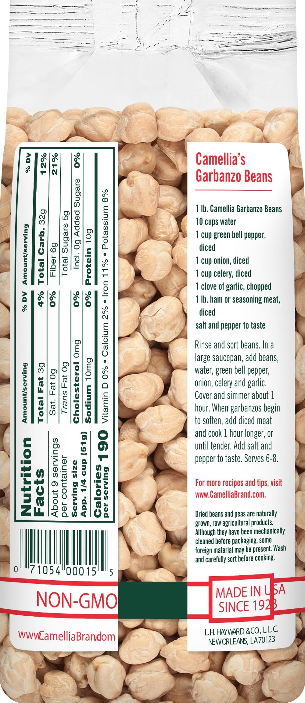 Camellia Brand open bag top view revealing dried chickpeas