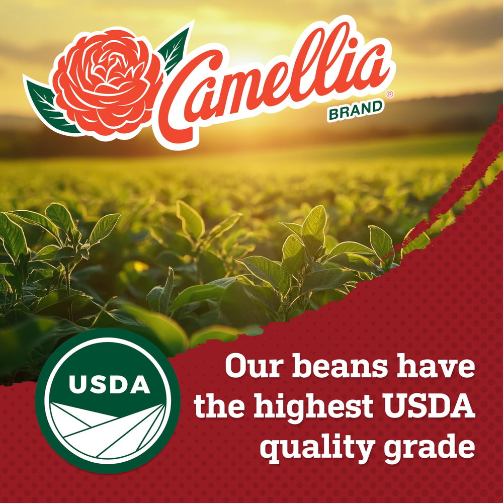 Camellia Brand beans next to a measuring cup demonstrating portion size