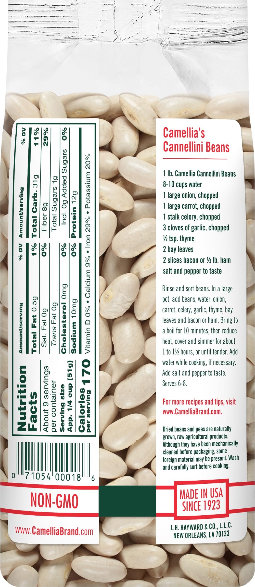 Camellia Brand close-up of dried Cannellini beans highlighting clean quality and size