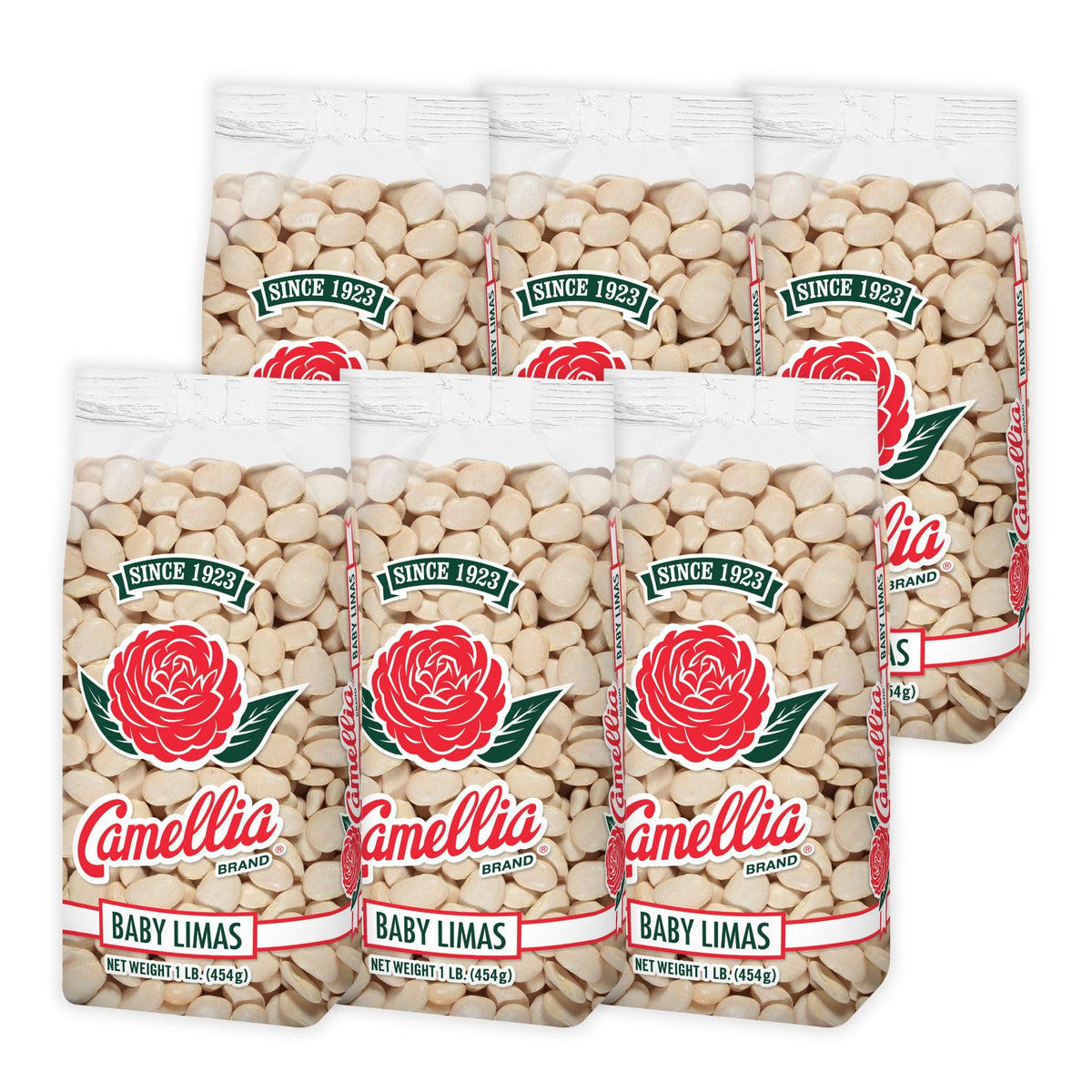 Camellia Brand front packaging of dried baby lima beans, convenient pantry staple