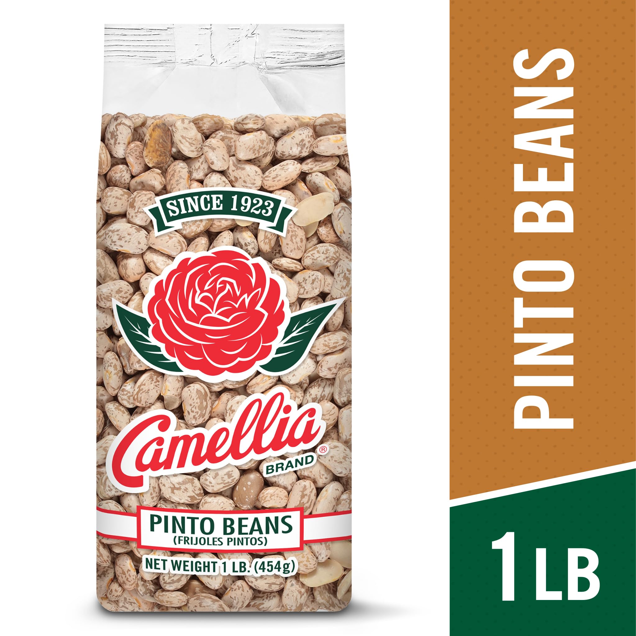 Close-up of Camellia Brand pinto beans dry, showing uniform size and clean appearance