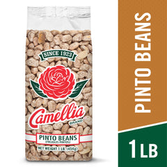 Close-up of Camellia Brand pinto beans dry, showing uniform size and clean appearance