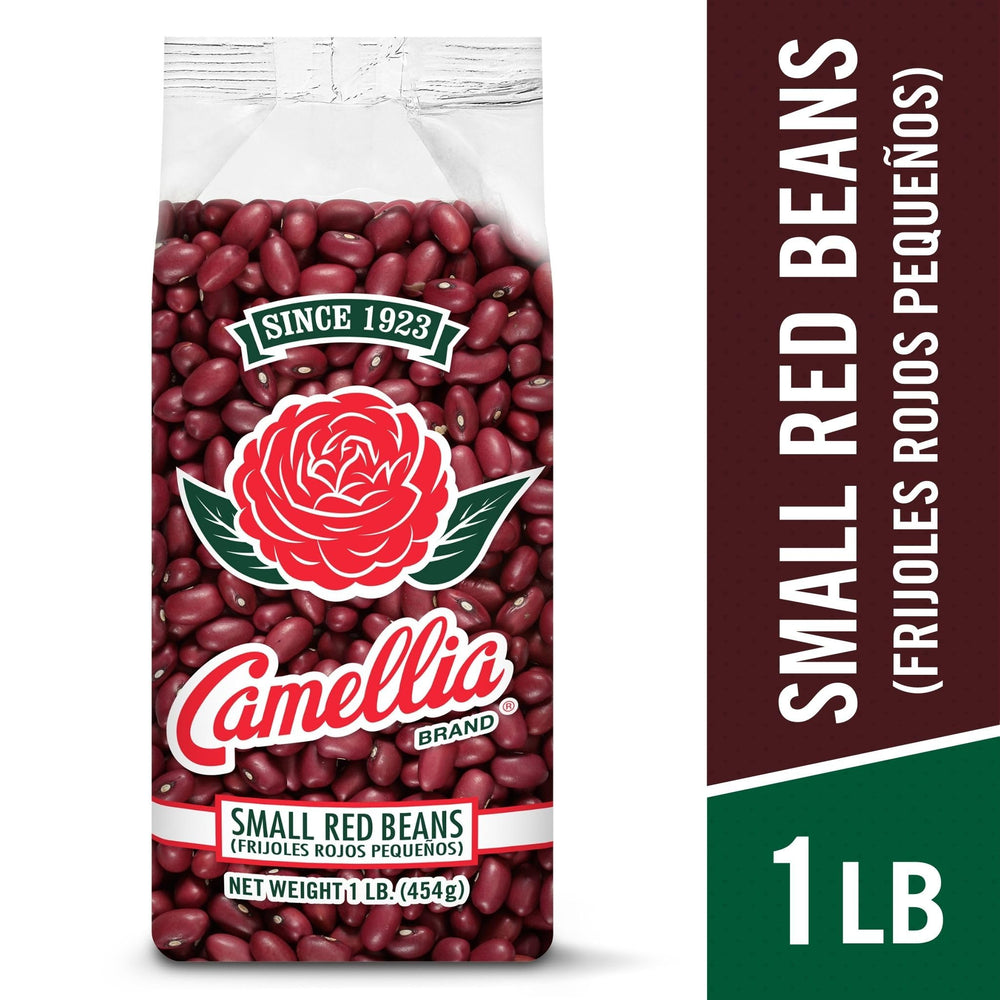 Camellia Brand close-up of dried small red beans highlighting smooth texture and color