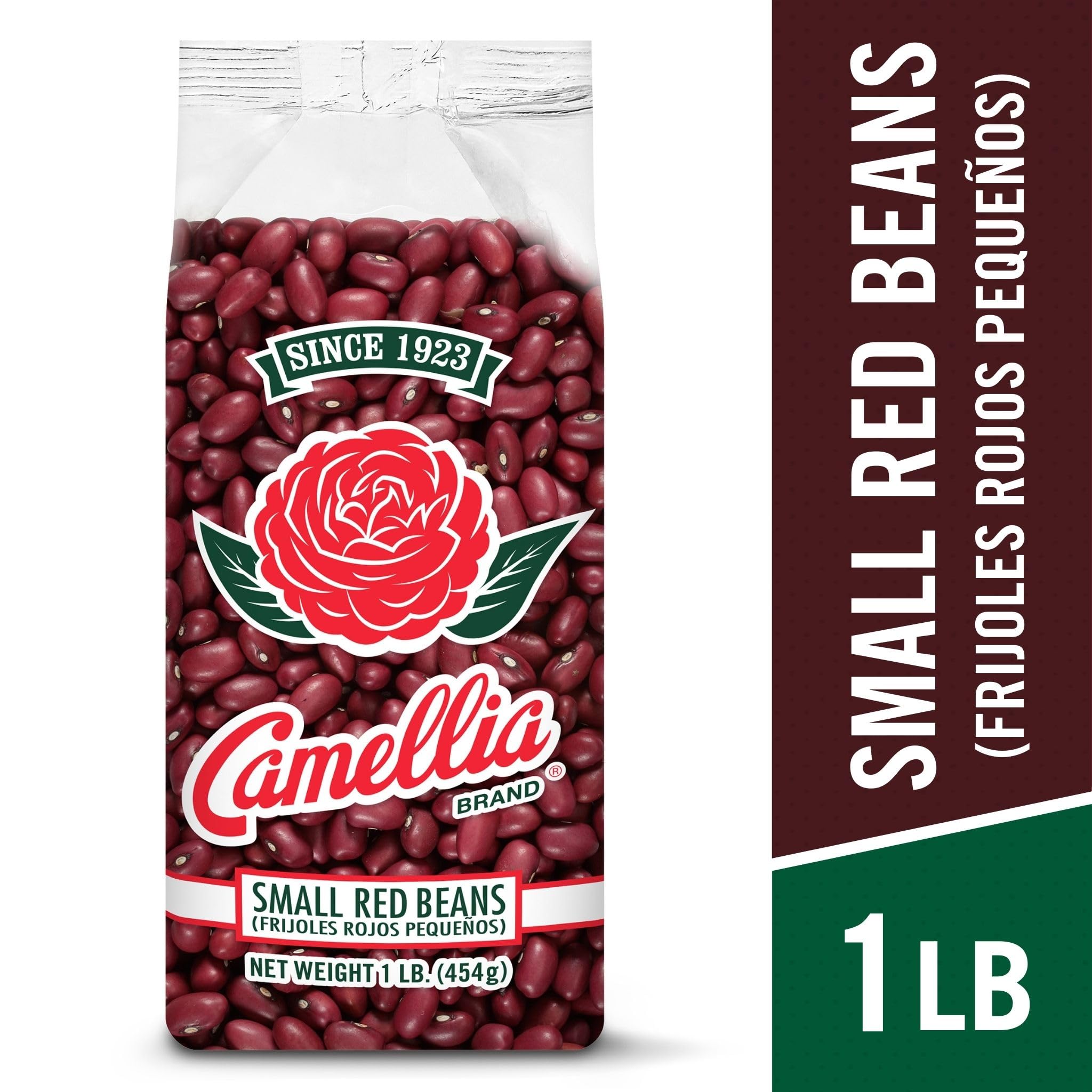 Camellia Brand close-up of dried small red beans highlighting smooth texture and color