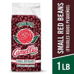 Camellia Brand close-up of dried small red beans highlighting smooth texture and color