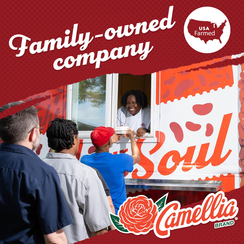 Camellia Brand beans on kitchen counter with ingredients illustrating everyday cooking use
