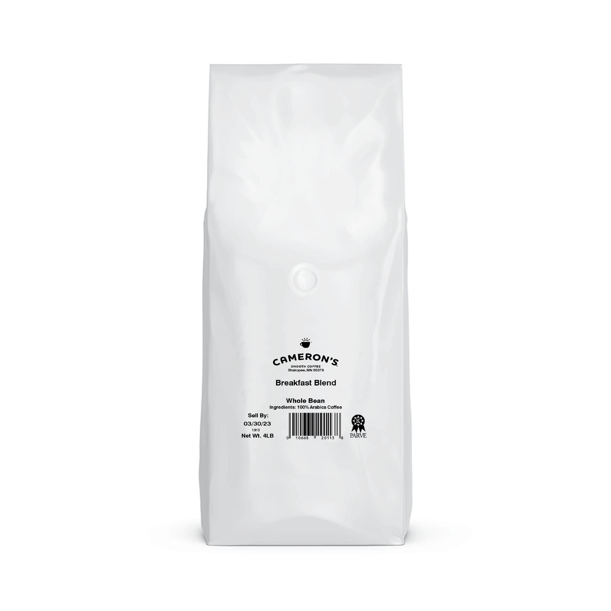 Cameron's open bag with whole beans visible, preserving freshness and aroma