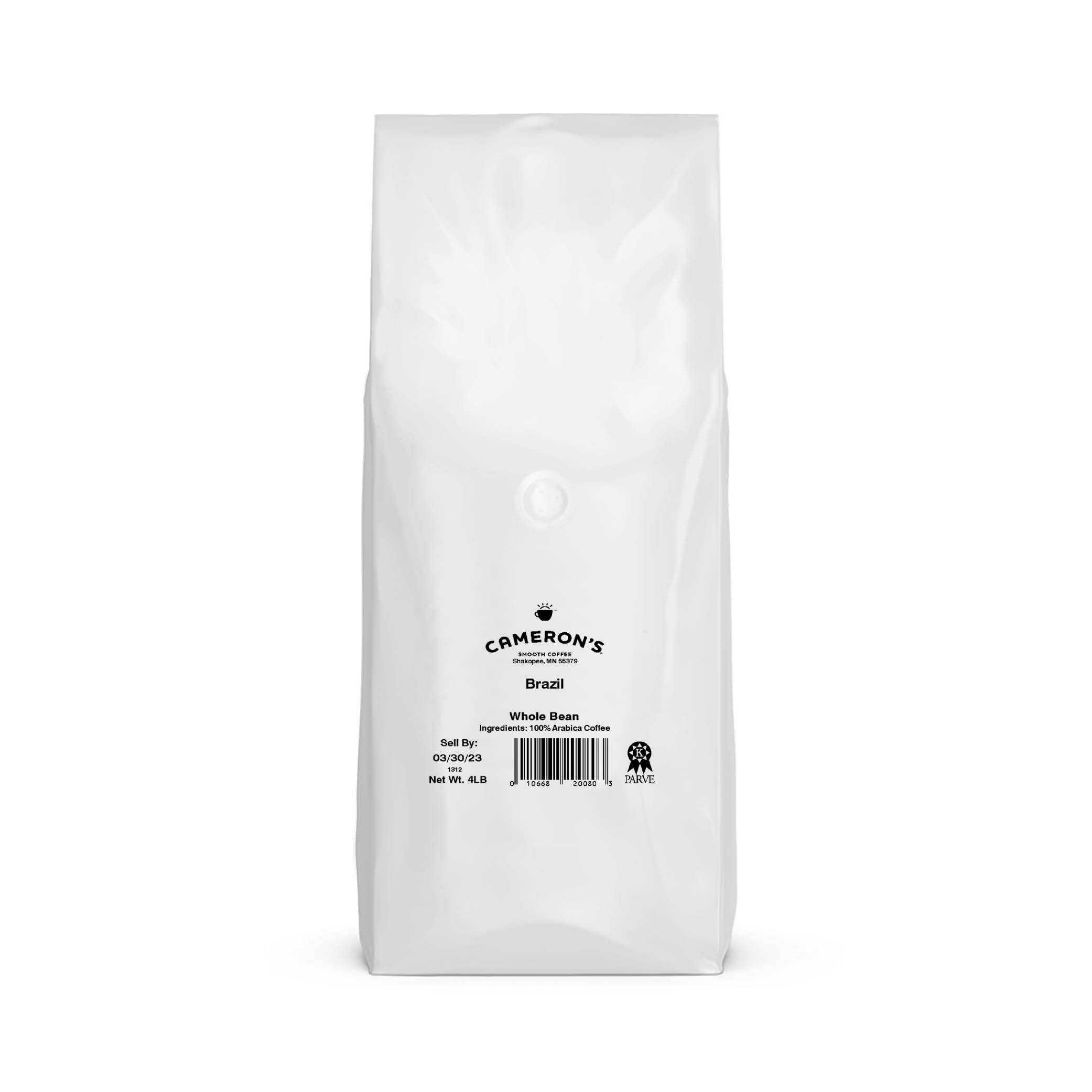 Close-up of Cameron's Coffee Brazil whole beans showing roast color and smooth texture