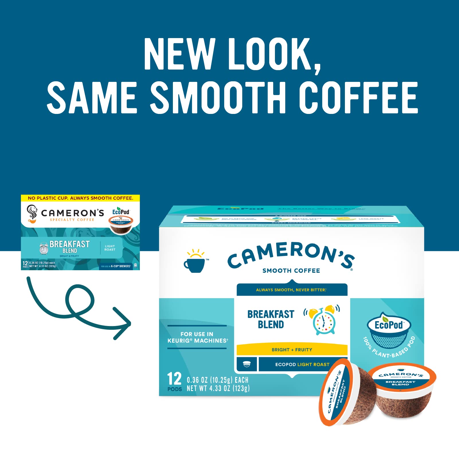 Close-up of Cameron's Coffee single-serve pod highlighting compostable filter for easy disposal
