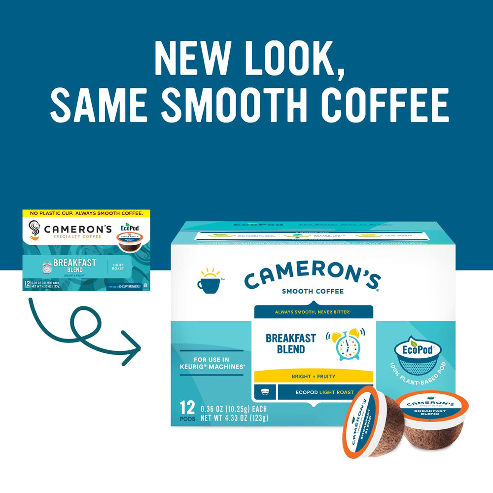 Close-up of Cameron's Coffee single-serve pod highlighting compostable filter for easy disposal