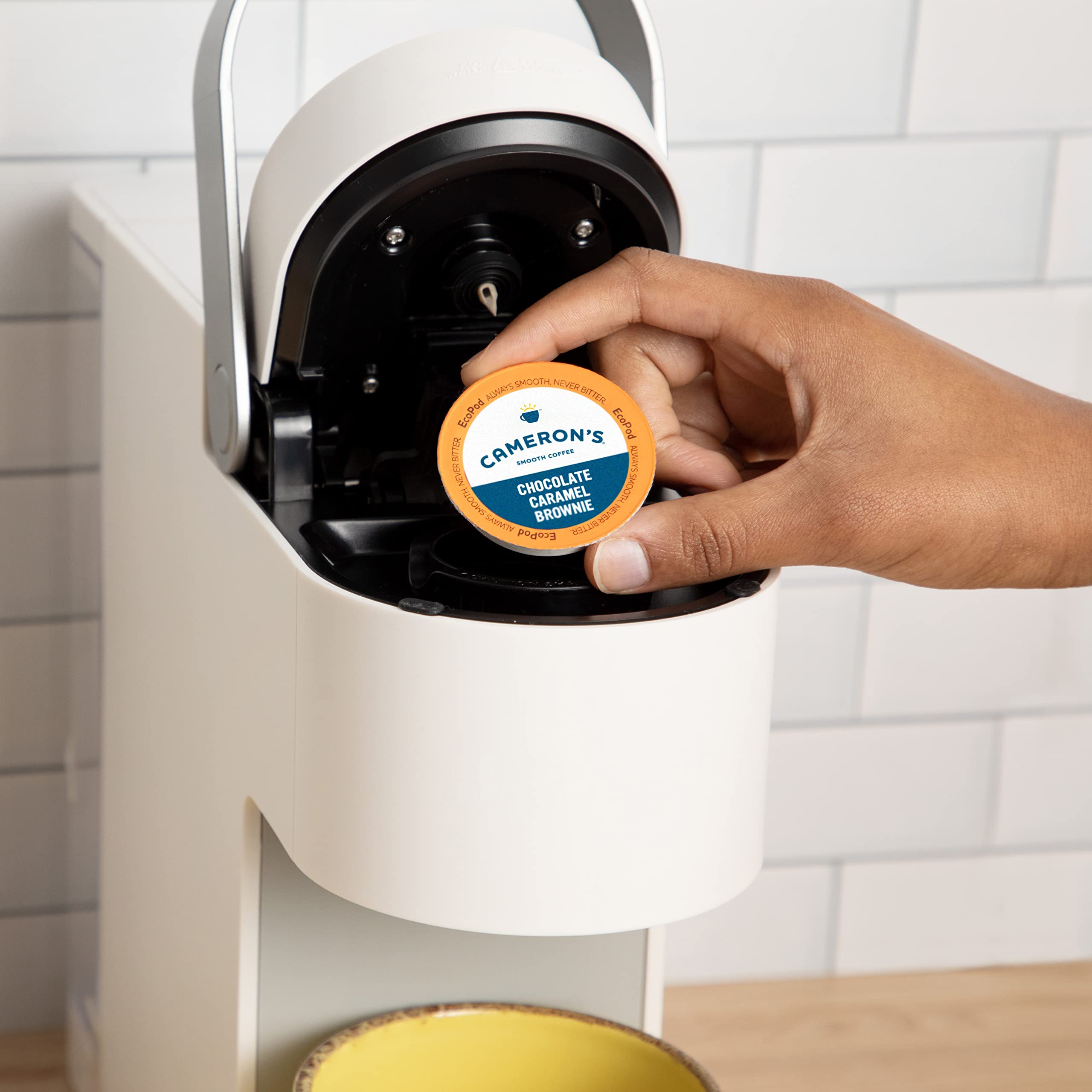 Cameron's Coffee pod brewing in Keurig machine showing consistent café-style results