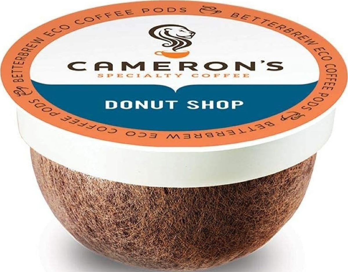Cameron's Coffee front packaging showing 12 compostable pods and blend benefit