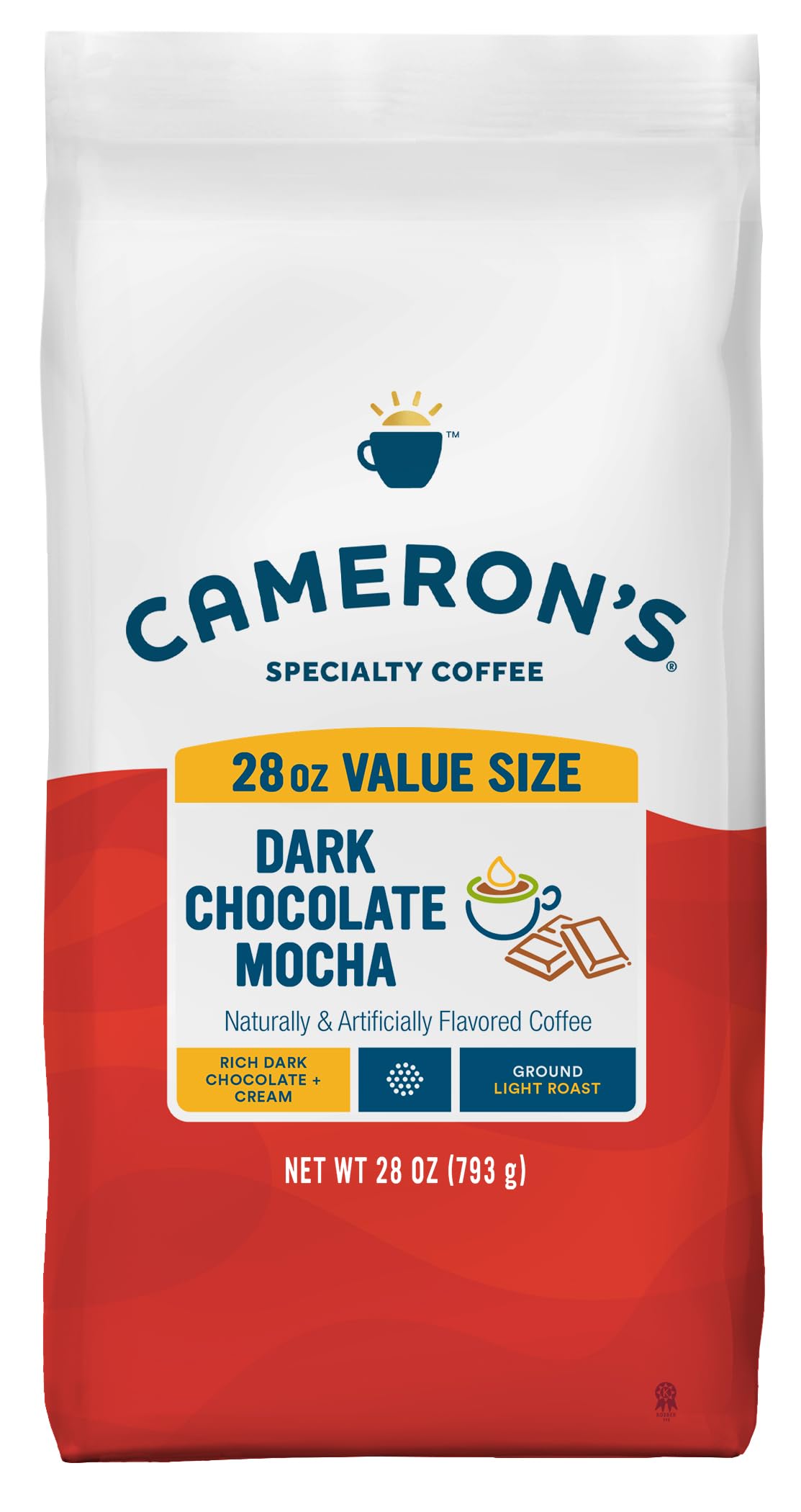 Cameron's Coffee front packaging showing Dark Chocolate Mocha and benefits