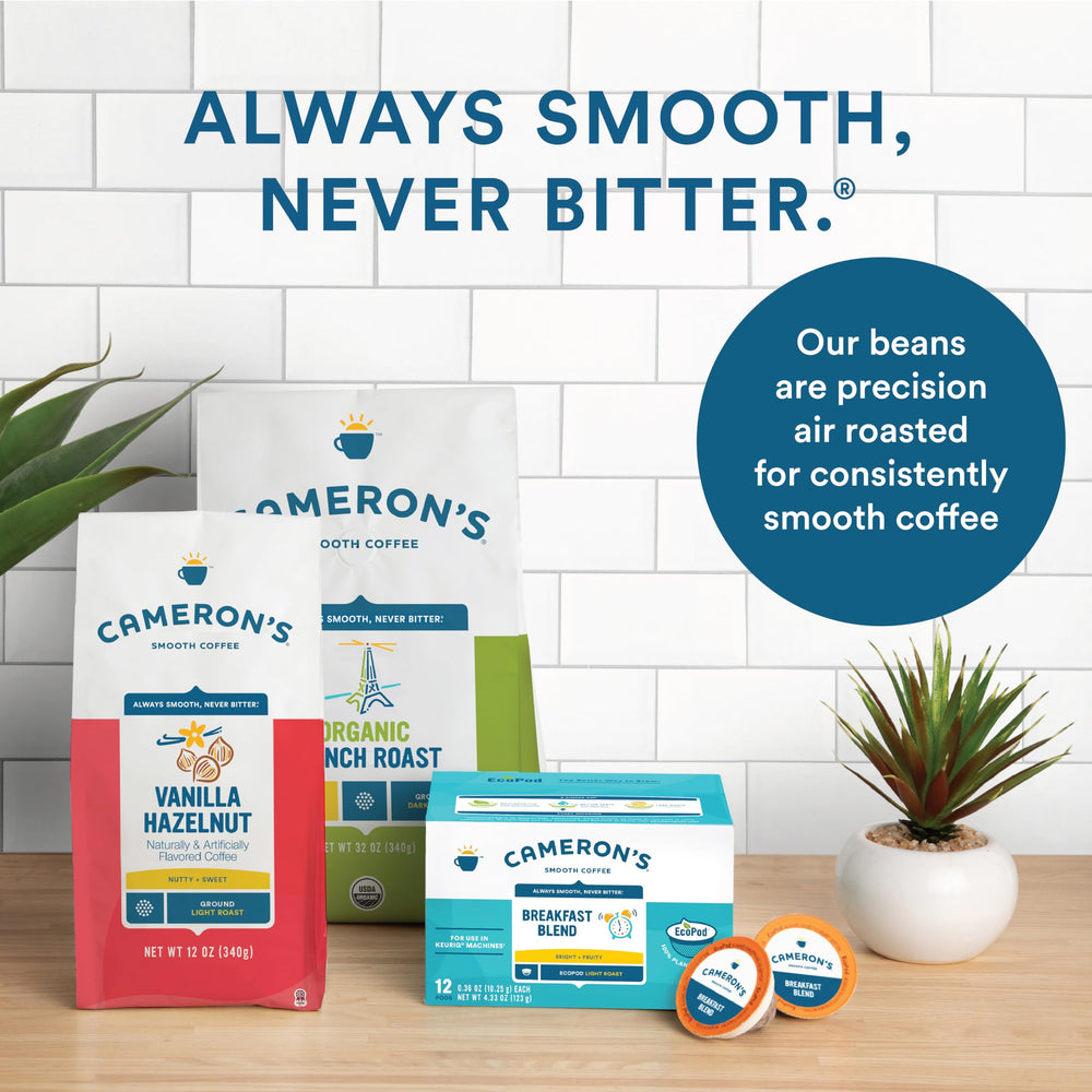 Lifestyle breakfast table with Cameron's Coffee pod and mug conveying morning enjoyment
