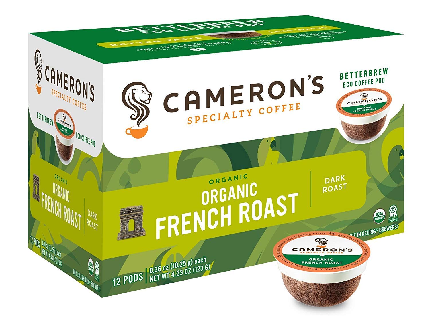 Cameron's Coffee front packaging shows organic French Roast pods and convenience benefit