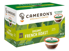 Cameron's Coffee front packaging shows organic French Roast pods and convenience benefit