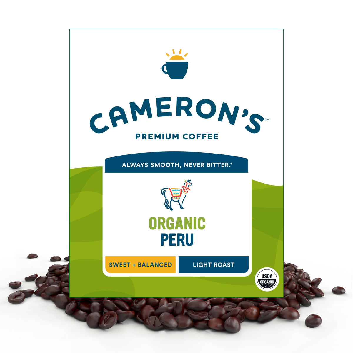 Cameron's Coffee front packaging 4 pound bag showing brand and organic label, convenient bulk supply