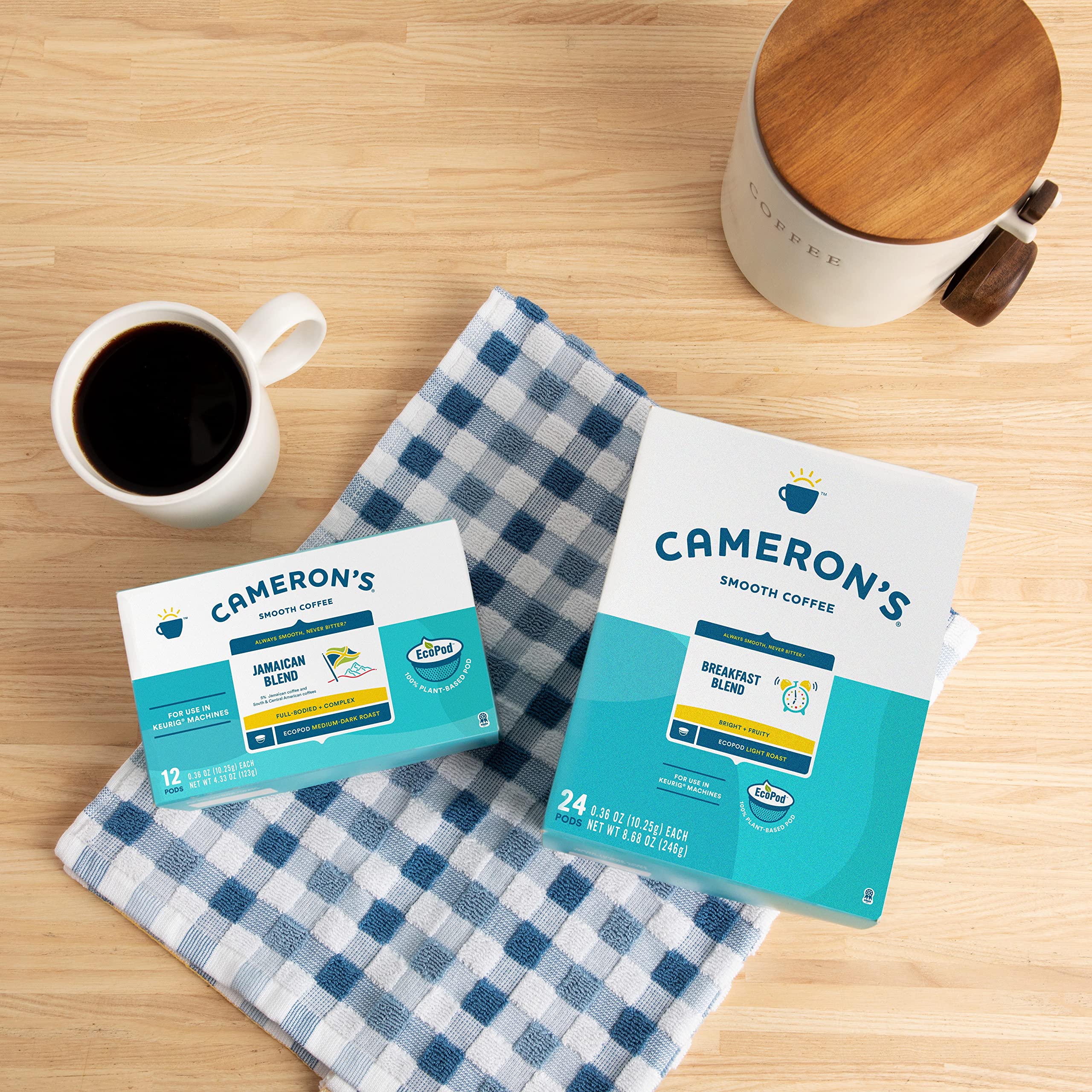 Cameron's Coffee pod held in hand showing size and easy single-serve convenience