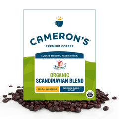 Cameron's Coffee front packaging showing 4-pound organic Scandinavian blend for value and freshness