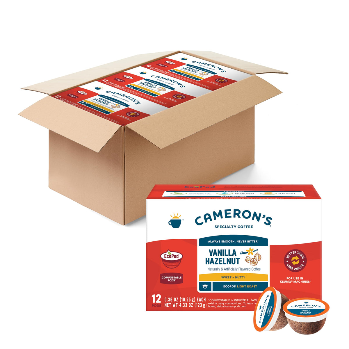 Cameron's Coffee front packaging showing vanilla hazelnut flavor and pod count, highlighting convenience