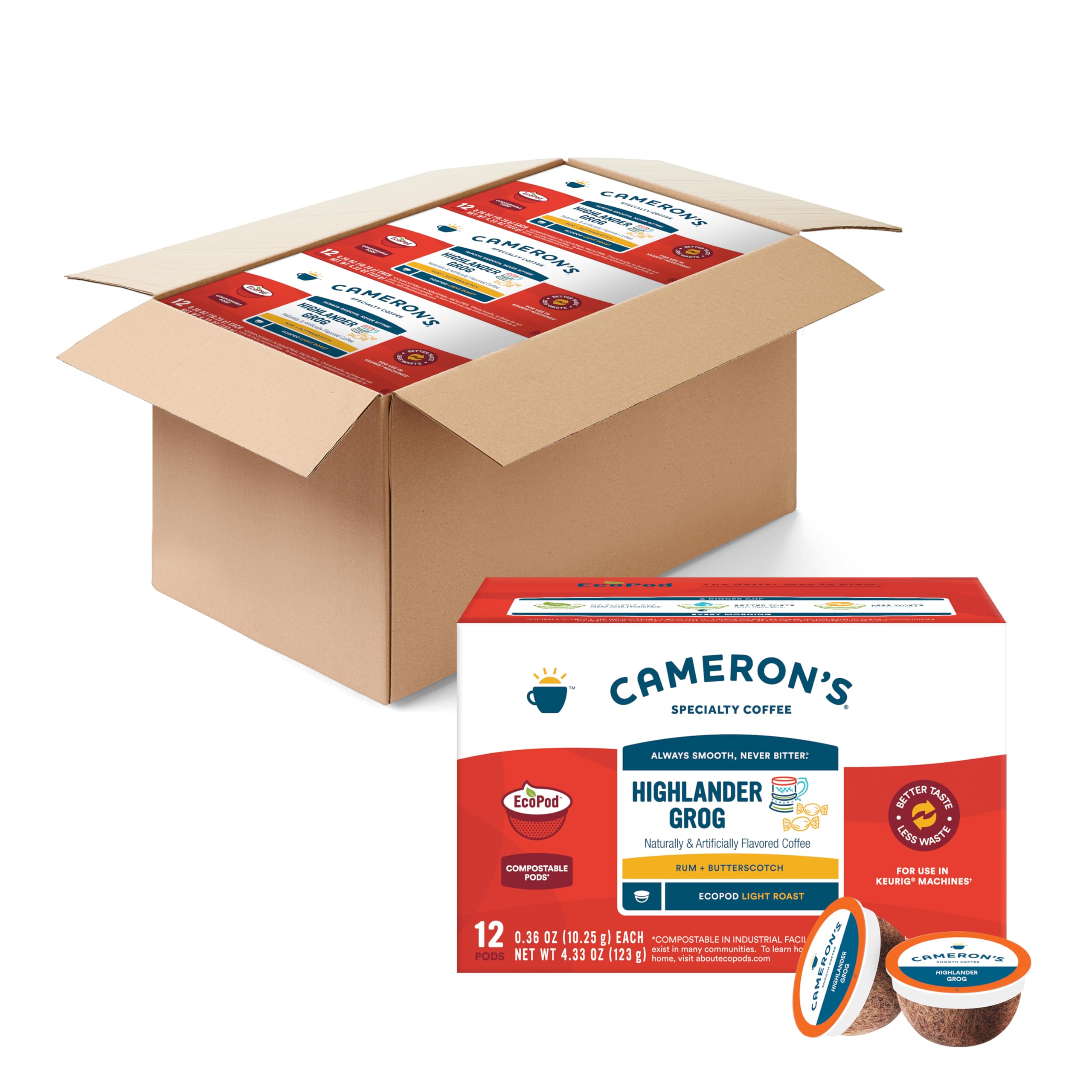 Cameron's Coffee front box showing Highlander Grog pods and benefits