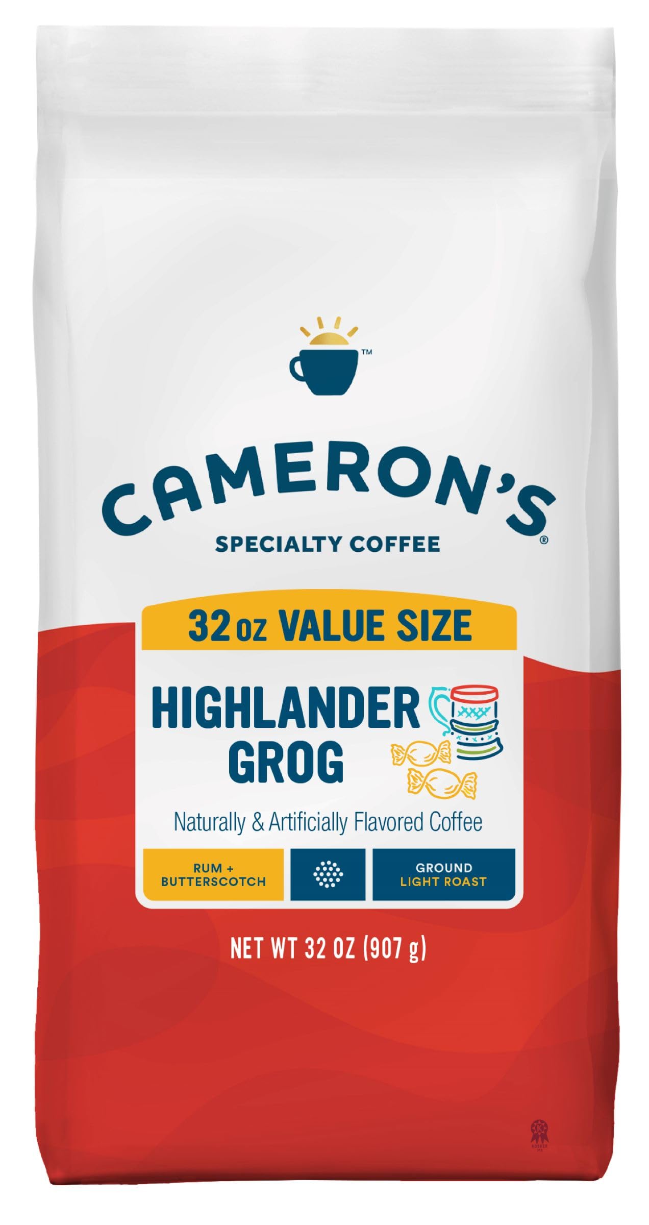 Cameron's Coffee front packaging showing 32 oz bag and branding for shelf appeal