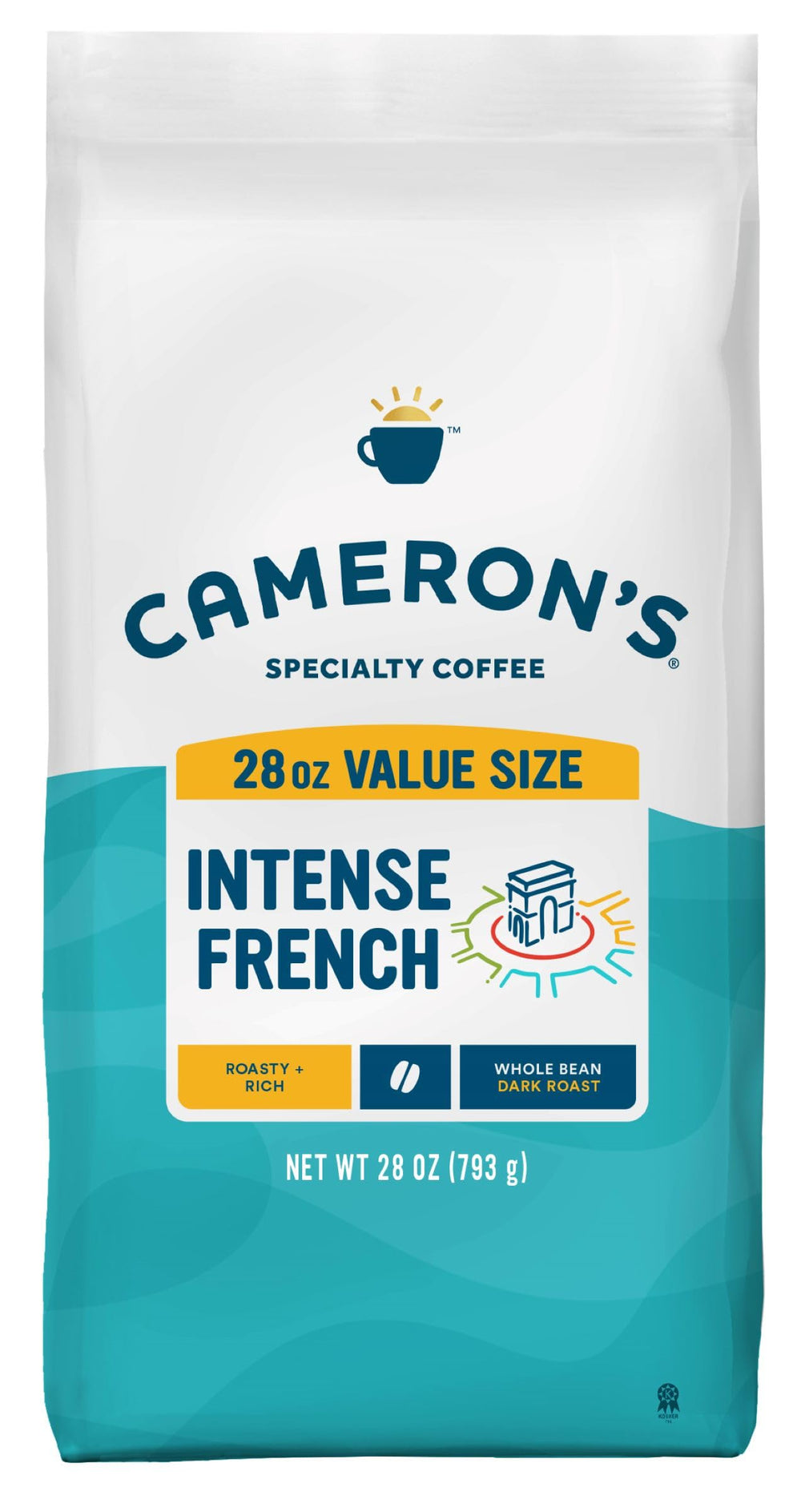 Cameron's Coffee front packaging showing 28-ounce bag and bold roast benefits