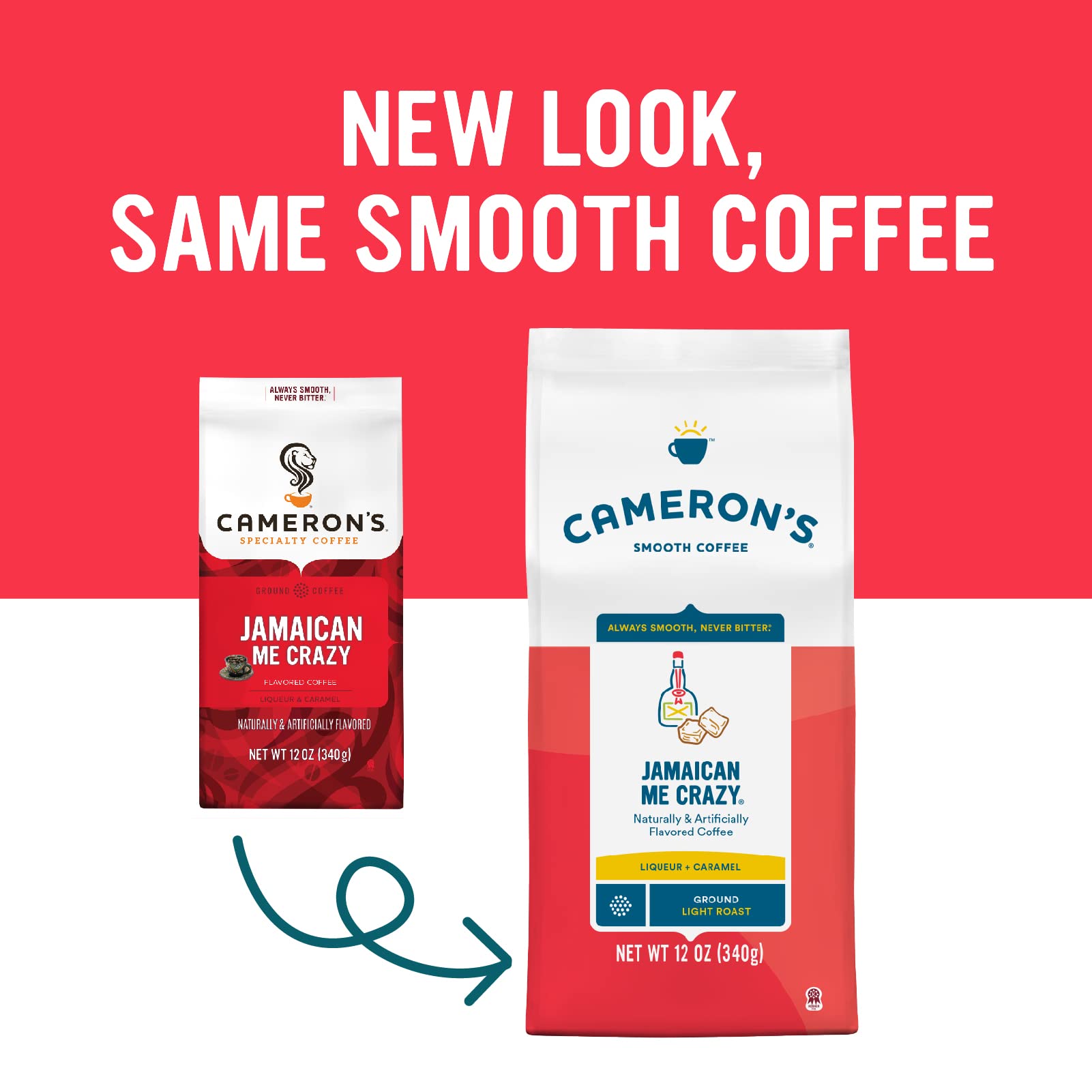 Cameron's Coffee bag opened to reveal ready-to-brew ground coffee, convenient freshness