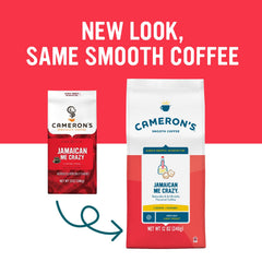 Cameron's Coffee bag opened to reveal ready-to-brew ground coffee, convenient freshness