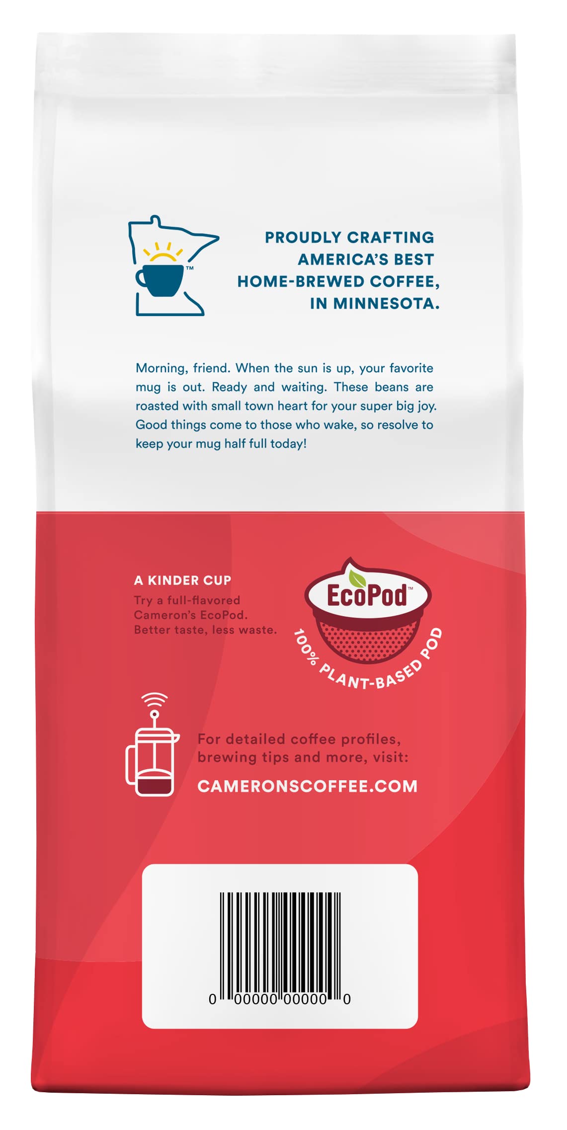 Label detail showing small-batch roasting claim on Cameron's Coffee for quality control