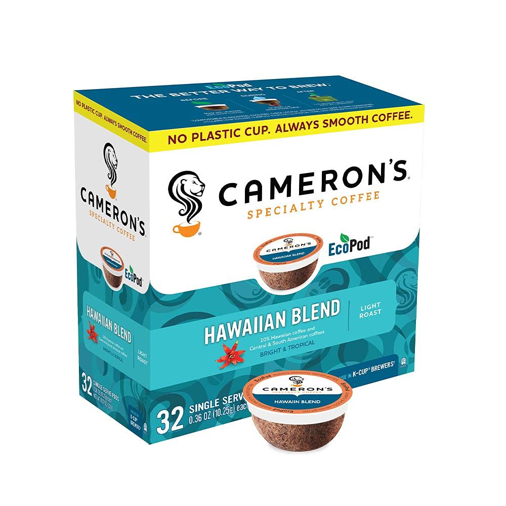 Cameron's Coffee front packaging showing 32 Kona Blend pods and clear benefit