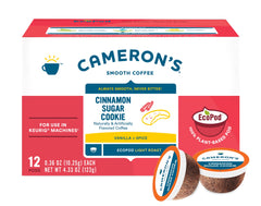 Cameron's Coffee pod close-up showing filter detail and compostable benefit